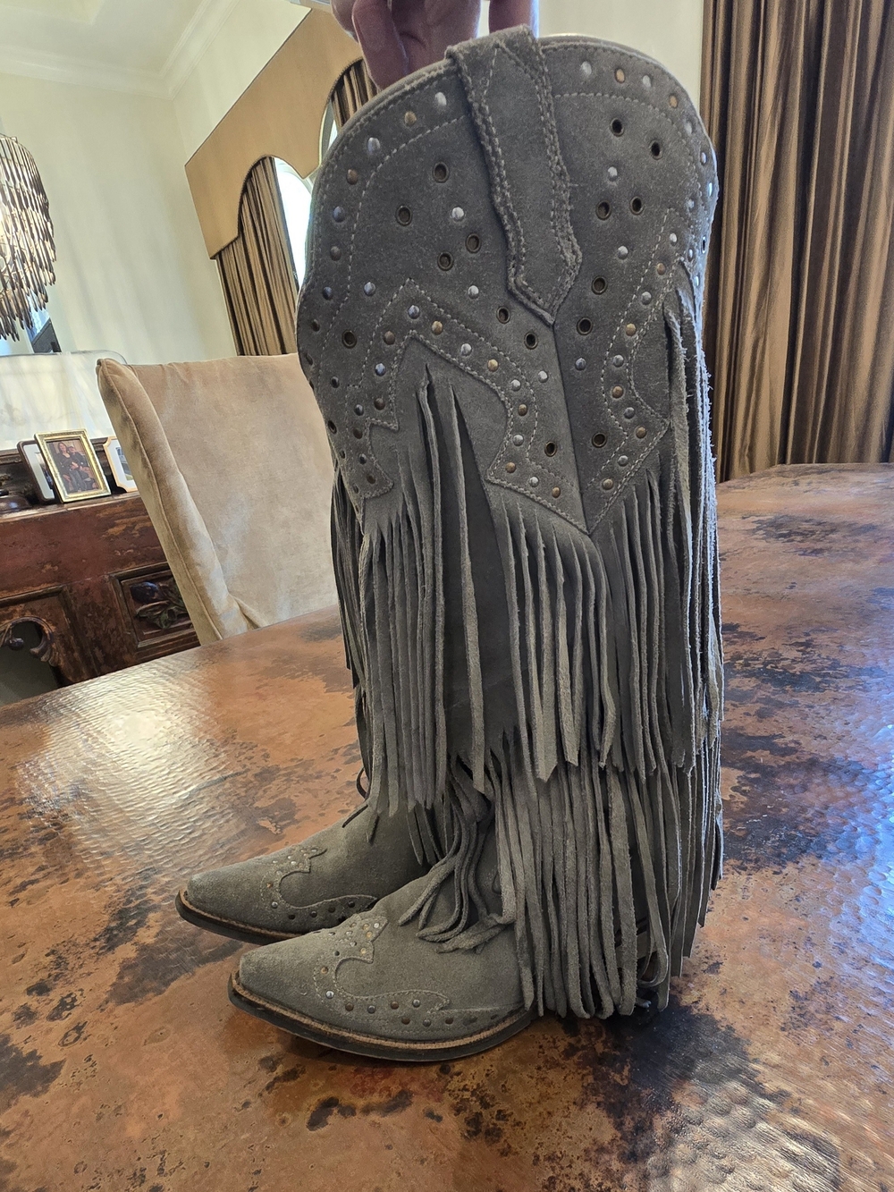 Laredo Gray Suede Fringe Studded Cowboy Boots